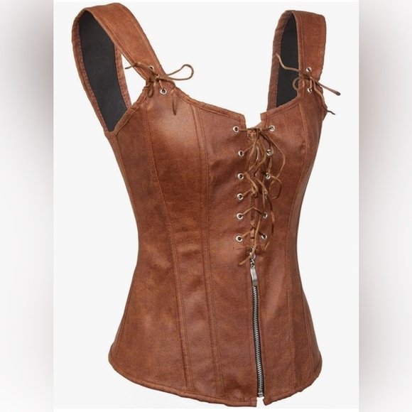 Leather-Look Bodice / Corset Top / Stays Brown Tan Fits Like XS / S Lace Up - Picture 2 of 14